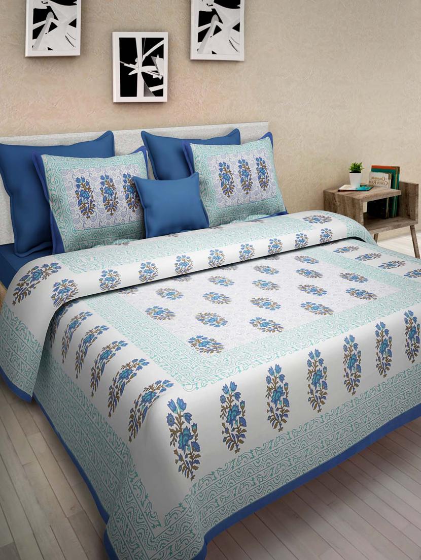 uniqchoice blue color 100% cotton jaipuri traditonal double bedsheet with 2 pillow cover - 18655750 - Zoom Image - 0