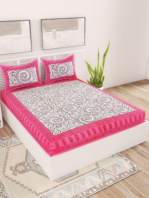 uniqchoice green color 100% cotton jaipuri traditonal double bedsheet with 2 pillow cover - 18655754 -  Standard Image - 0