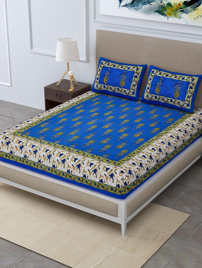 uniqchoice blue color 100% cotton jaipuri traditonal double bedsheet with 2 pillow cover - 18655755 -  Zoom Image - 0