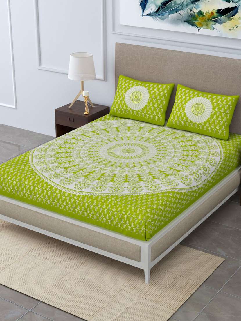 uniqchoice blue color 100% cotton jaipuri traditonal double bedsheet with 2 pillow cover