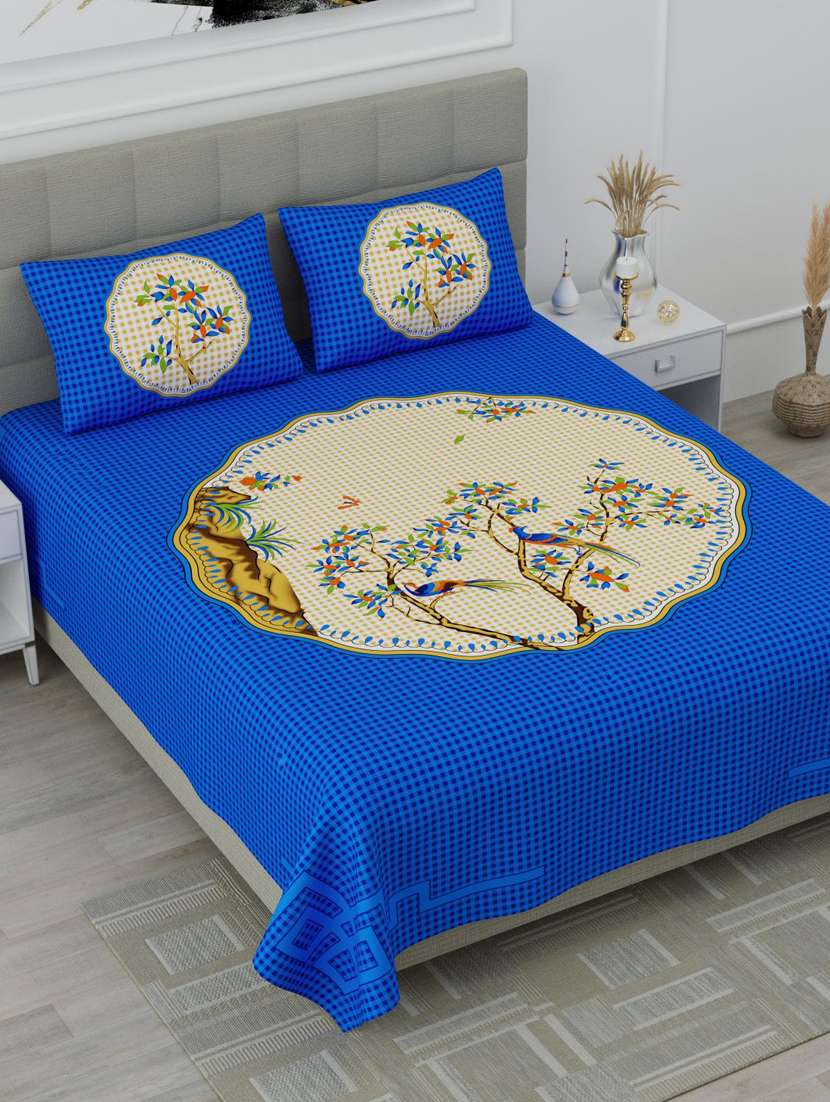 uniqchoice blue color 100% cotton jaipuri traditonal double bedsheet with 2 pillow cover