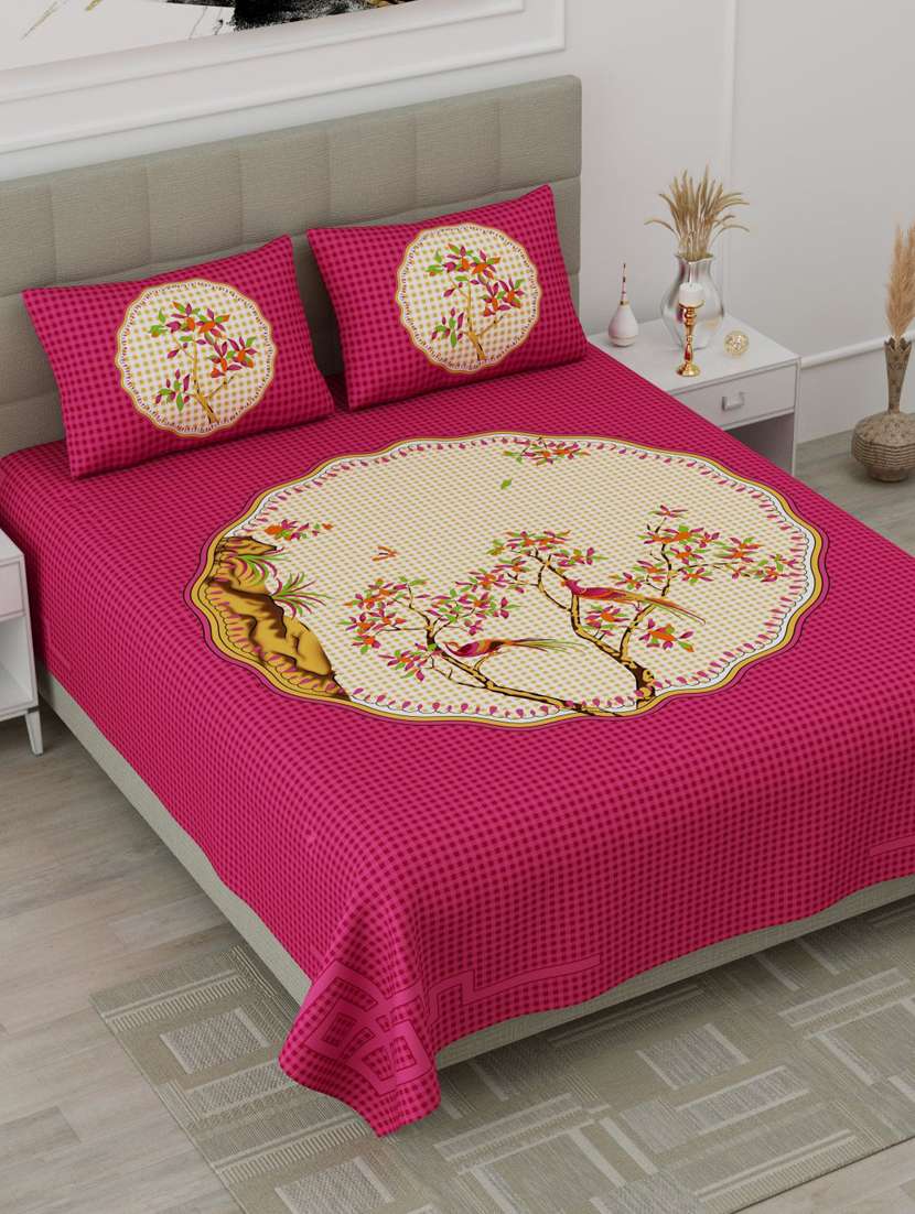 uniqchoice blue color 100% cotton jaipuri traditonal double bedsheet with 2 pillow cover