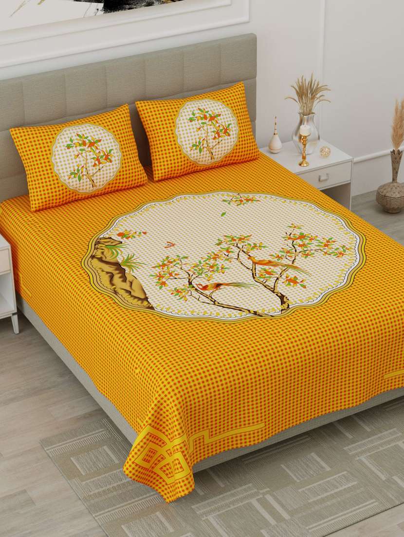 uniqchoice blue color 100% cotton jaipuri traditonal double bedsheet with 2 pillow cover