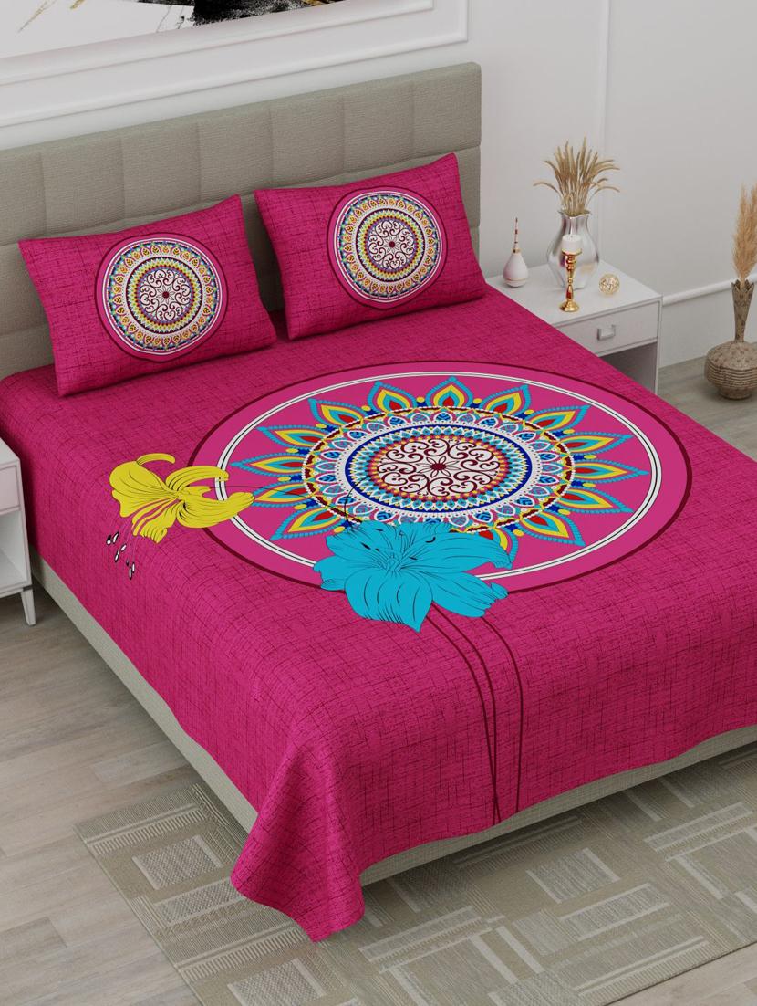 uniqchoice pink color 100% cotton jaipuri traditonal double bedsheet with 2 pillow cover