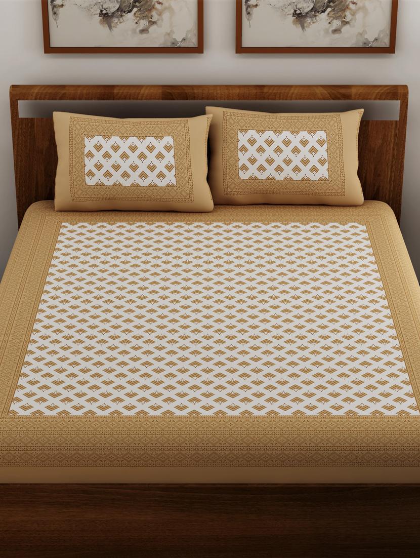 uniqchoice beige color 100% cotton jaipuri traditonal double bedsheet with 2 pillow cover - 18655898 - Standard Image - 1