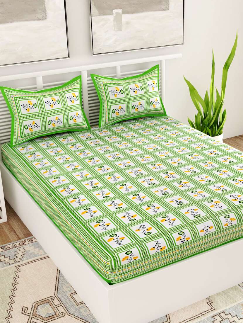uniqchoice blue color 100% cotton jaipuri traditonal double bedsheet with 2 pillow cover