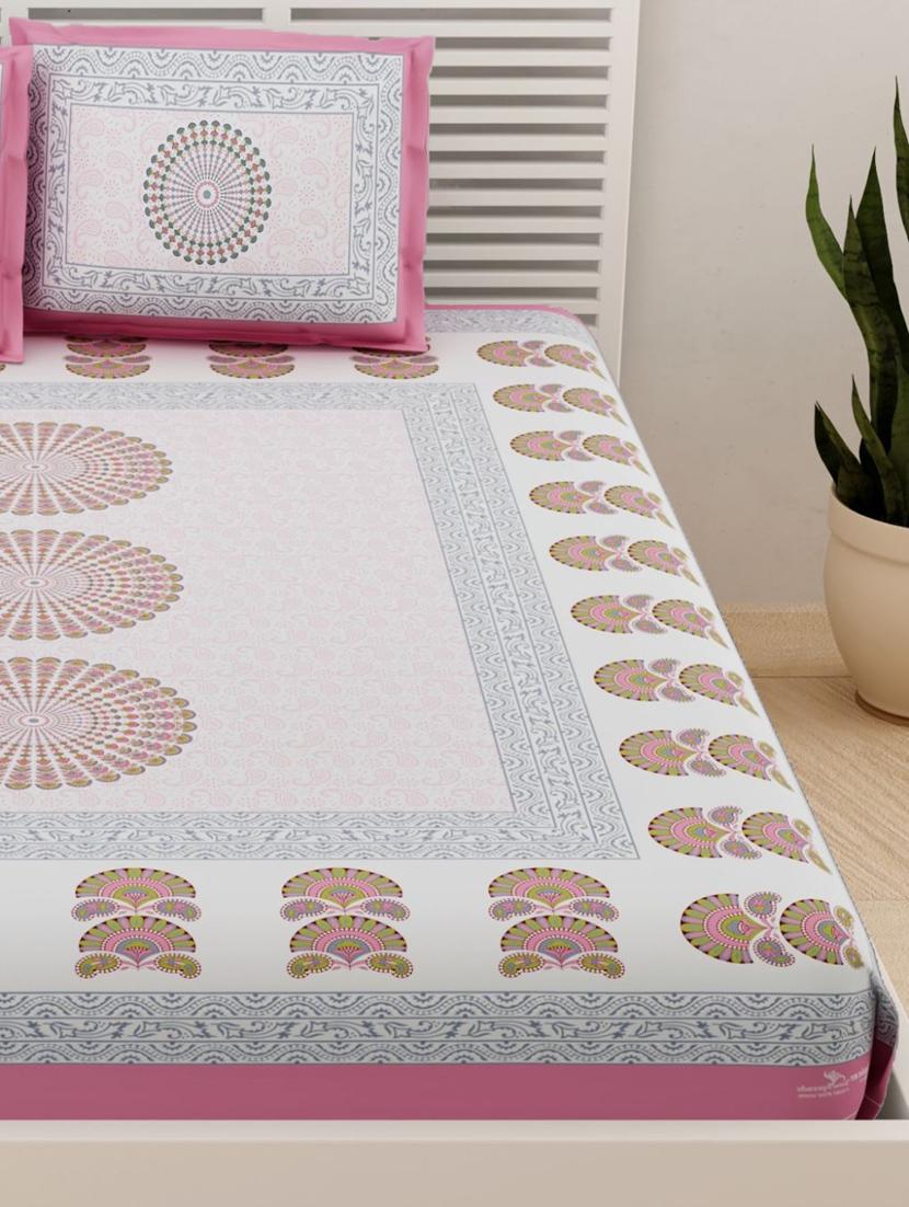 uniqchoice blue color 100% cotton jaipuri traditonal double bedsheet with 2 pillow cover - 18655924 - Standard Image - 1