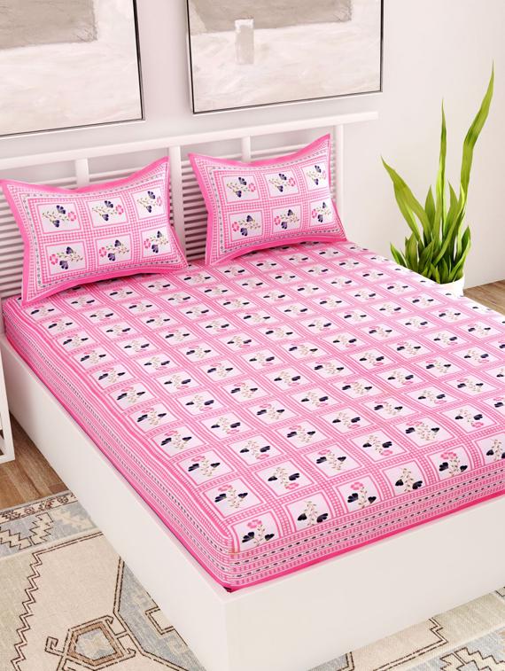 uniqchoice blue color 100% cotton jaipuri traditonal double bedsheet with 2 pillow cover - 18655936 - Zoom Image - 0