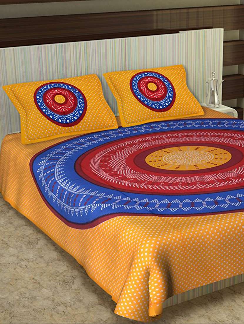uniqchoice light blue color 100% cotton jaipuri traditonal double bedsheet with 2 pillow cover - 18655938 -  Zoom Image - 0