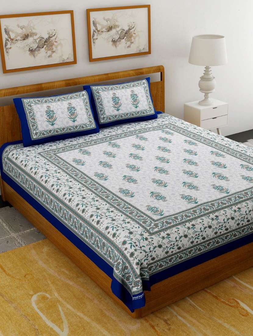 uniqchoice blue  color 100% cotton jaipuri traditonal double bedsheet with 2 pillow cover