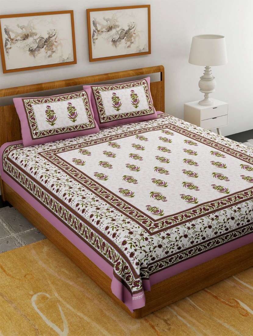 uniqchoice blue  color 100% cotton jaipuri traditonal double bedsheet with 2 pillow cover