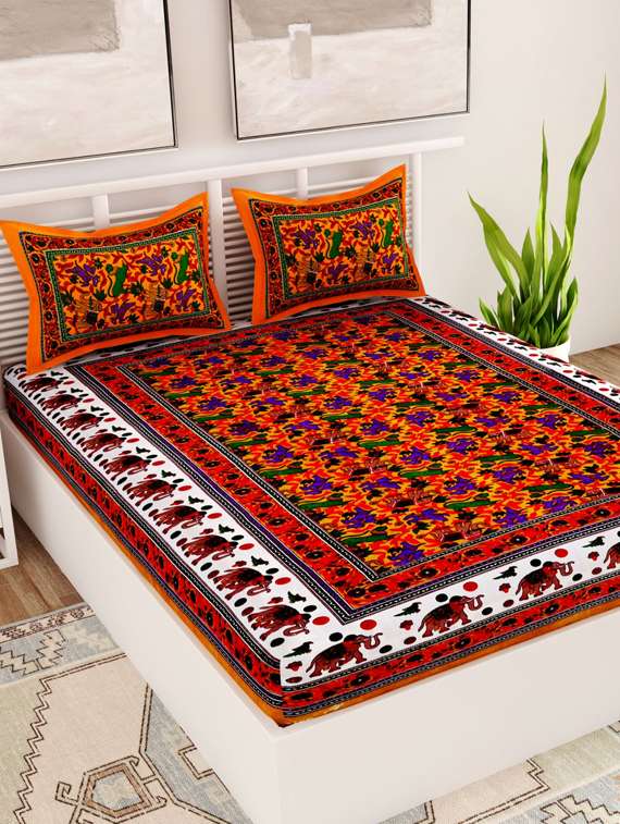uniqchoice green color 100% cotton jaipuri traditonal double bedsheet with 2 pillow cover