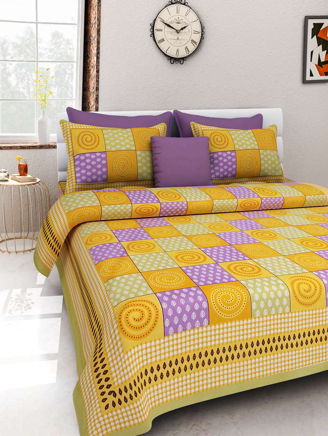 uniqchoice pink color 100% cotton jaipuri traditonal double bedsheet with 2 pillow cover