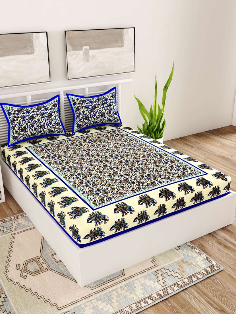 uniqchoice blue color 100% cotton jaipuri traditonal double bedsheet with 2 pillow cover