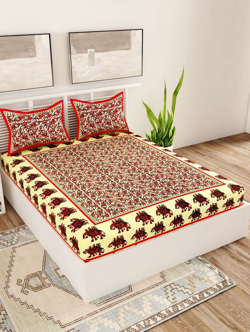 uniqchoice blue color 100% cotton jaipuri traditonal double bedsheet with 2 pillow cover