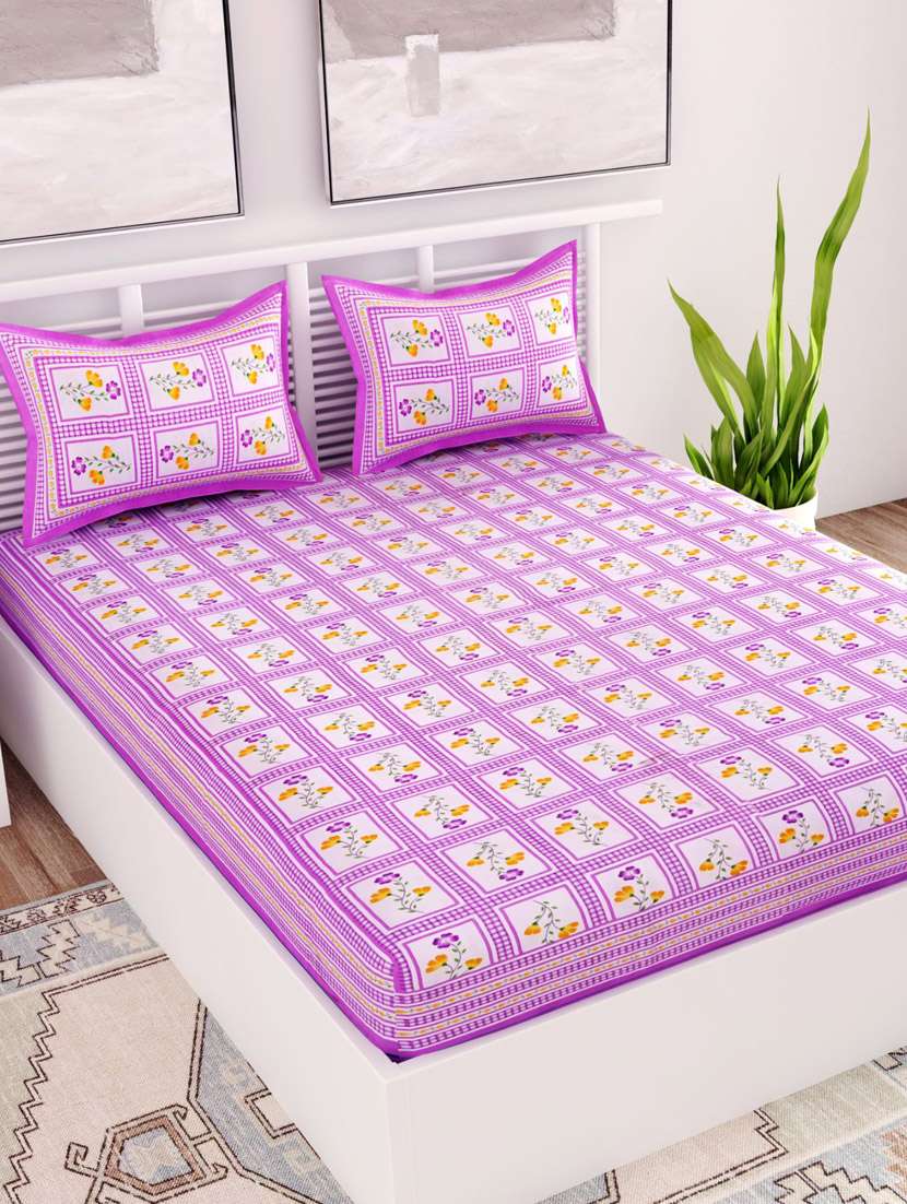 uniqchoice blue color 100% cotton jaipuri traditonal double bedsheet with 2 pillow cover