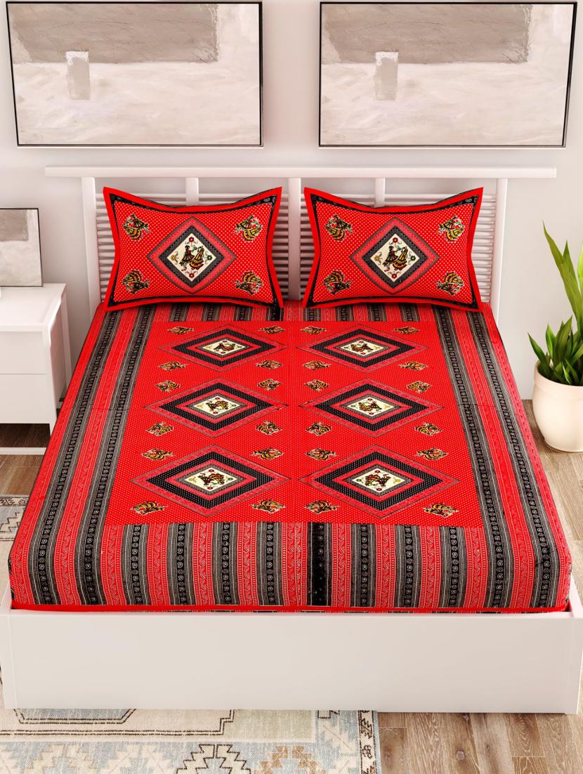 uniqchoice maroon color 100% cotton jaipuri traditonal double bedsheet with 2 pillow cover - 18656016 - Standard Image - 1