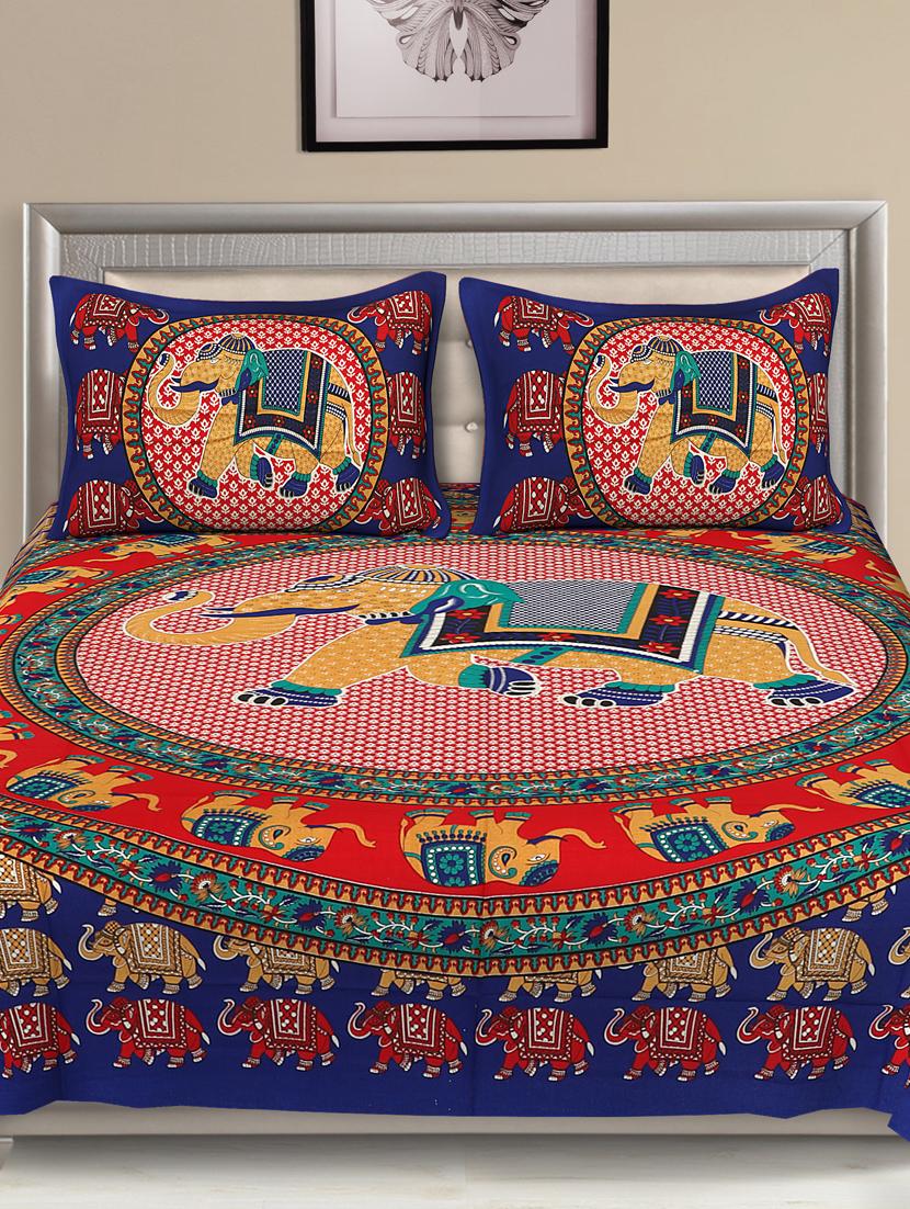 uniqchoice blue color 100% cotton jaipuri traditonal double bedsheet with 2 pillow cover - 18656017 -  Standard Image - 1
