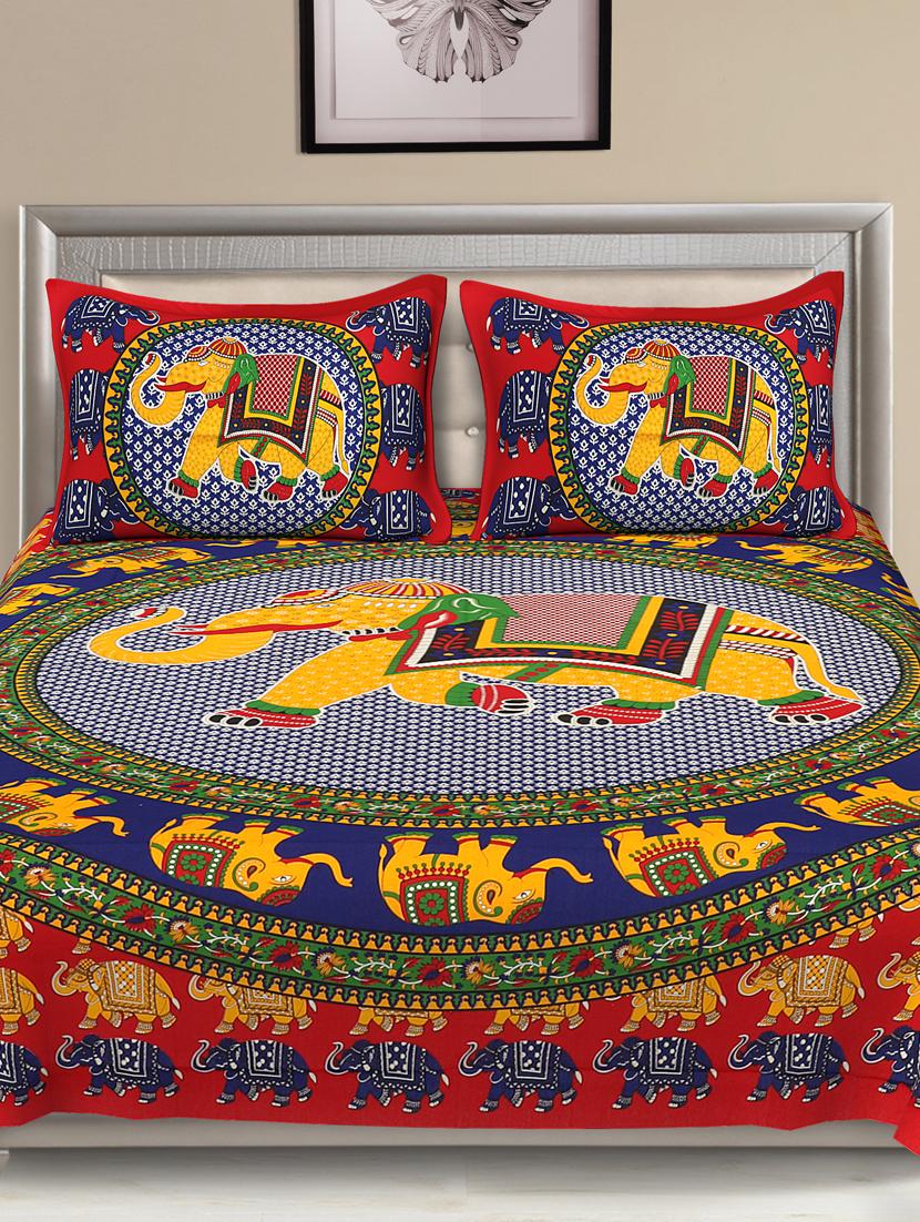 uniqchoice blue color 100% cotton jaipuri traditonal double bedsheet with 2 pillow cover - 18656020 - Standard Image - 1