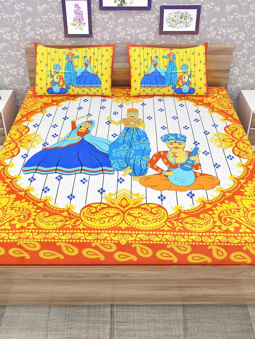 uniqchoice beige color 100% cotton jaipuri traditonal double bedsheet with 2 pillow cover - 18656028 - Standard Image - 1