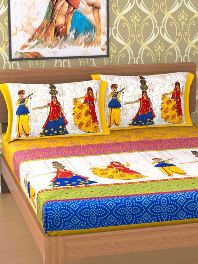 uniqchoice blue color 100% cotton jaipuri traditonal double bedsheet with 2 pillow cover
