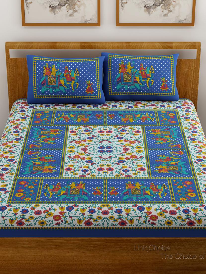 uniqchoice yellow color 100% cotton jaipuri traditonal double bedsheet with 2 pillow cover - 18656043 - Standard Image - 1