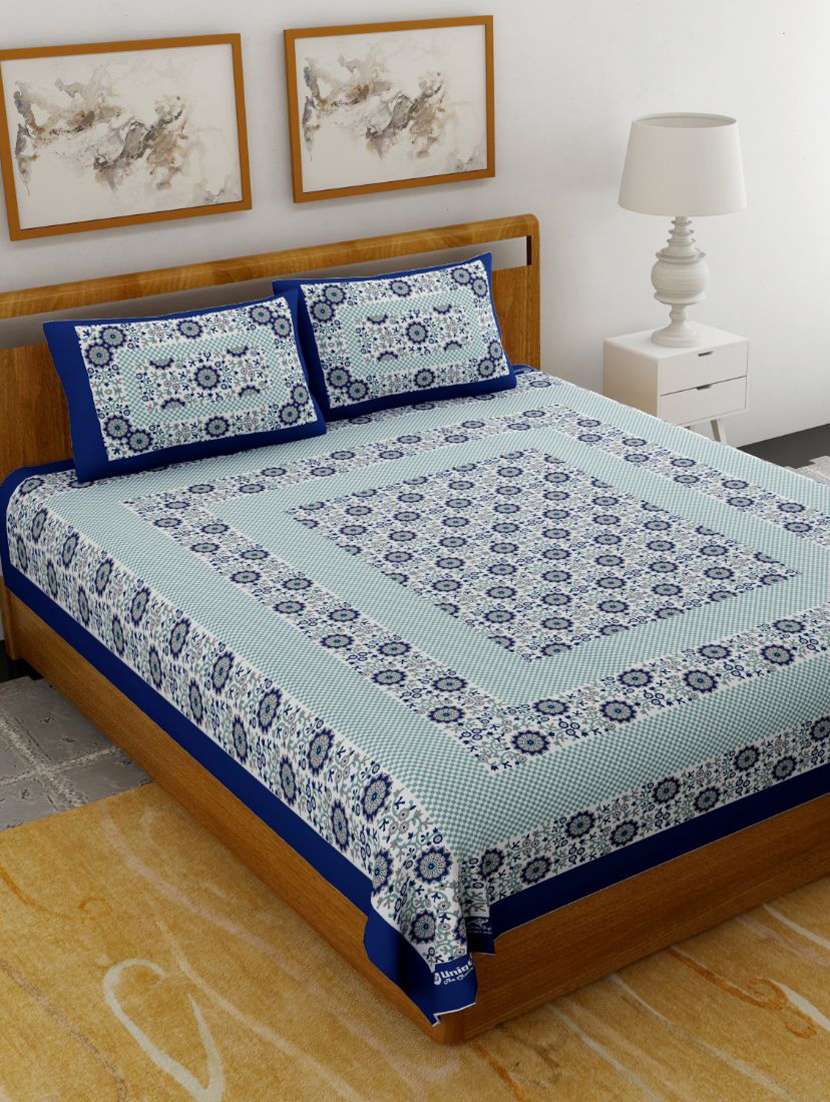 uniqchoice blue color 100% cotton jaipuri traditonal double bedsheet with 2 pillow cover
