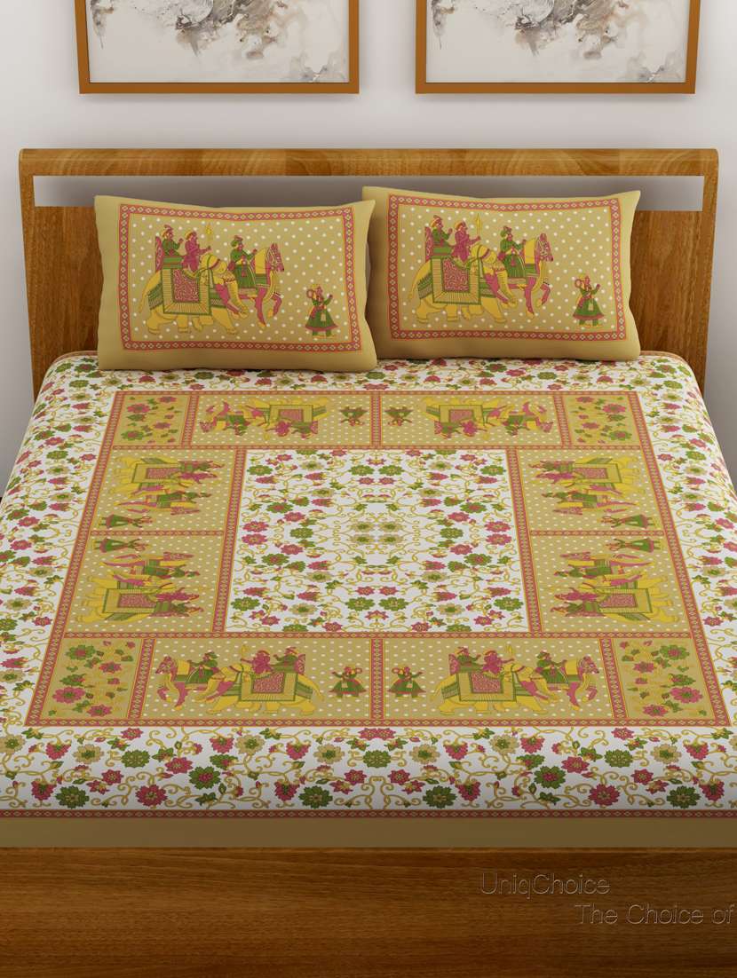 uniqchoice yellow color 100% cotton jaipuri traditonal double bedsheet with 2 pillow cover - 18656045 -  Standard Image - 1