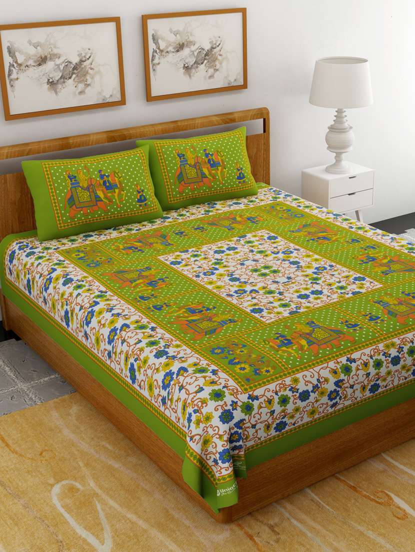 uniqchoice yellow color 100% cotton jaipuri traditonal double bedsheet with 2 pillow cover