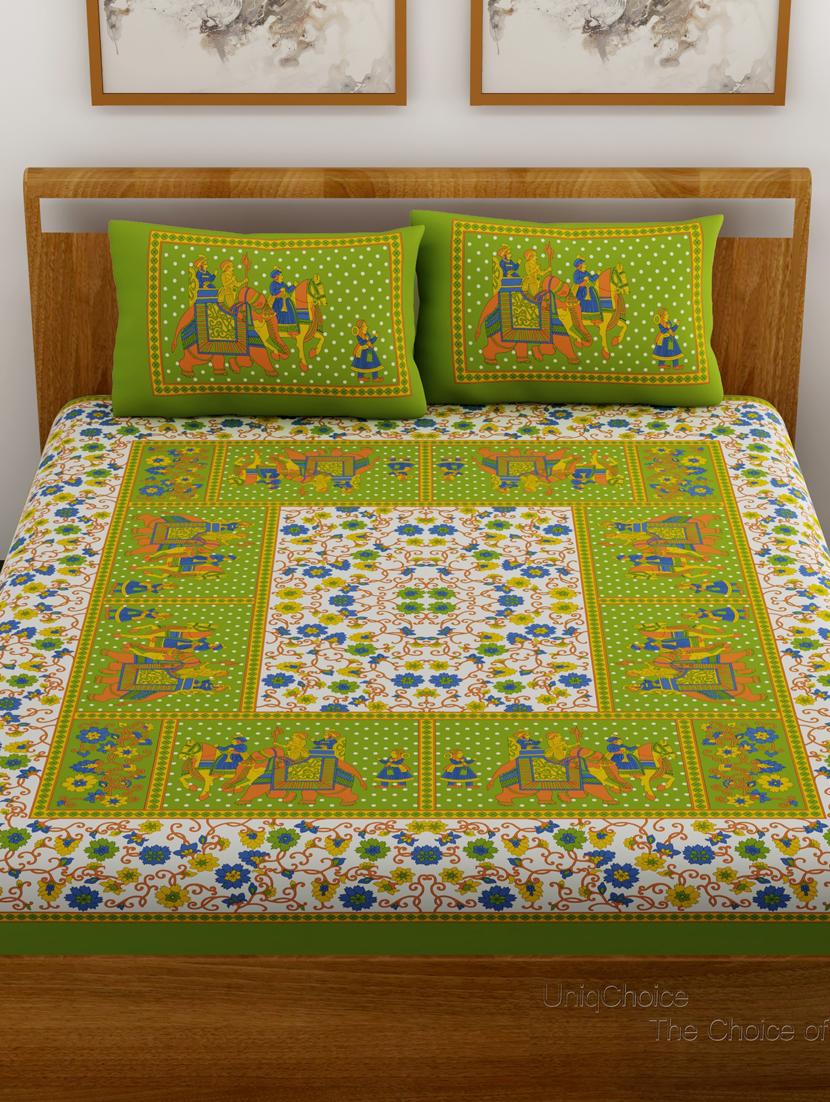 uniqchoice yellow color 100% cotton jaipuri traditonal double bedsheet with 2 pillow cover - 18656047 - Standard Image - 1