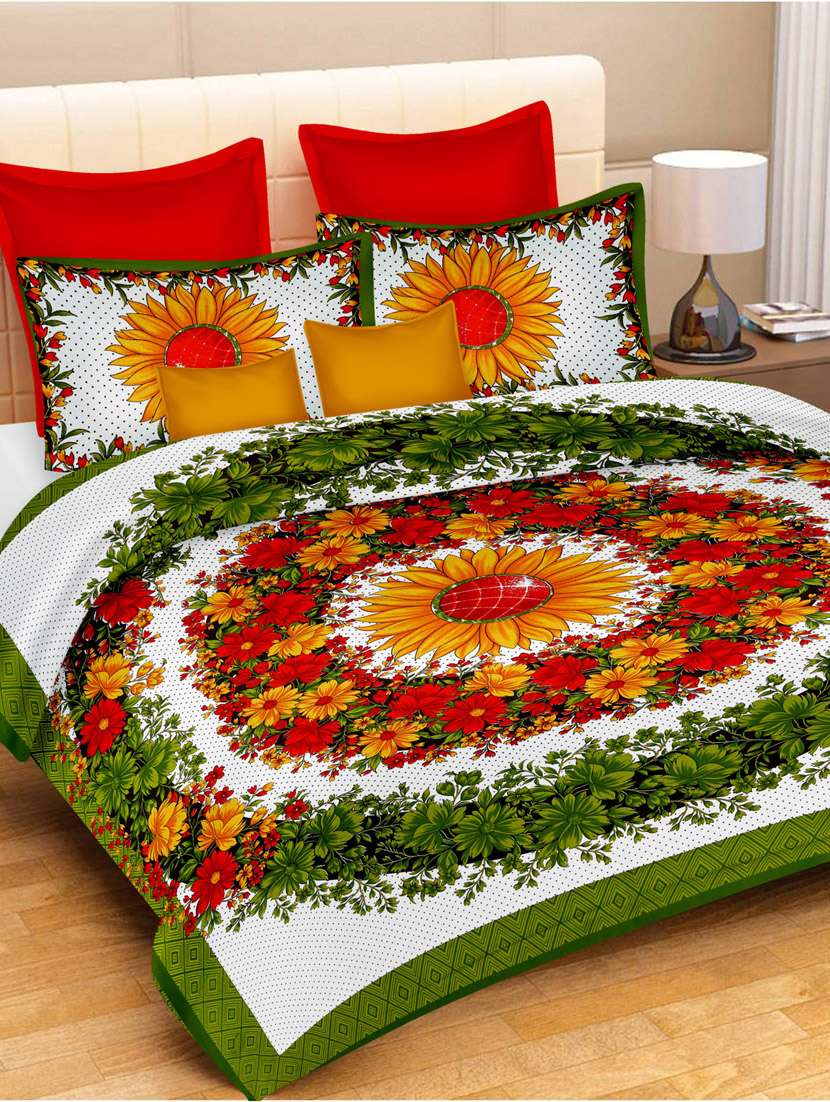 uniqchoice blue color 100% cotton jaipuri traditonal double bedsheet with 2 pillow cover