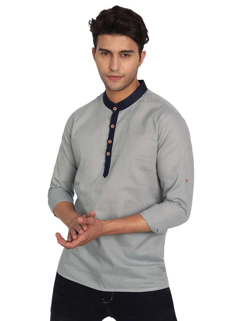 mandarin neck solid short kurta - 18656071 - Zoom Image - 0