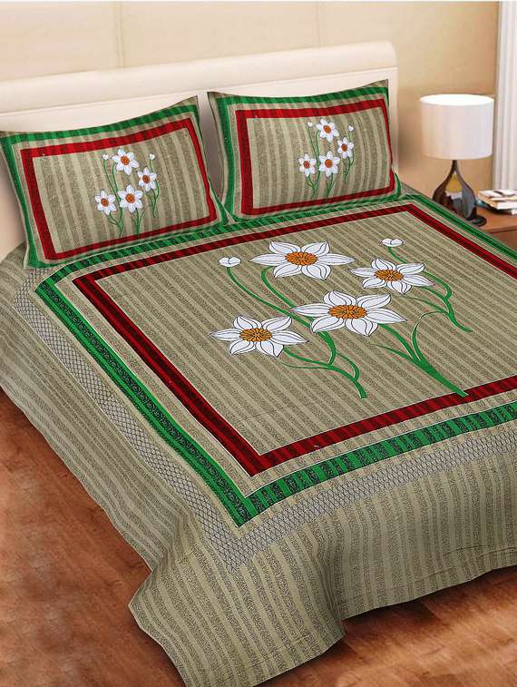 uniqchoice blue color 100% cotton jaipuri traditonal double bedsheet with 2 pillow cover