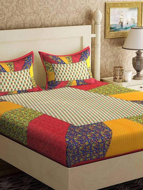uniqchoice blue color 100% cotton jaipuri traditonal double bedsheet with 2 pillow cover - 18656161 -  Standard Image - 0