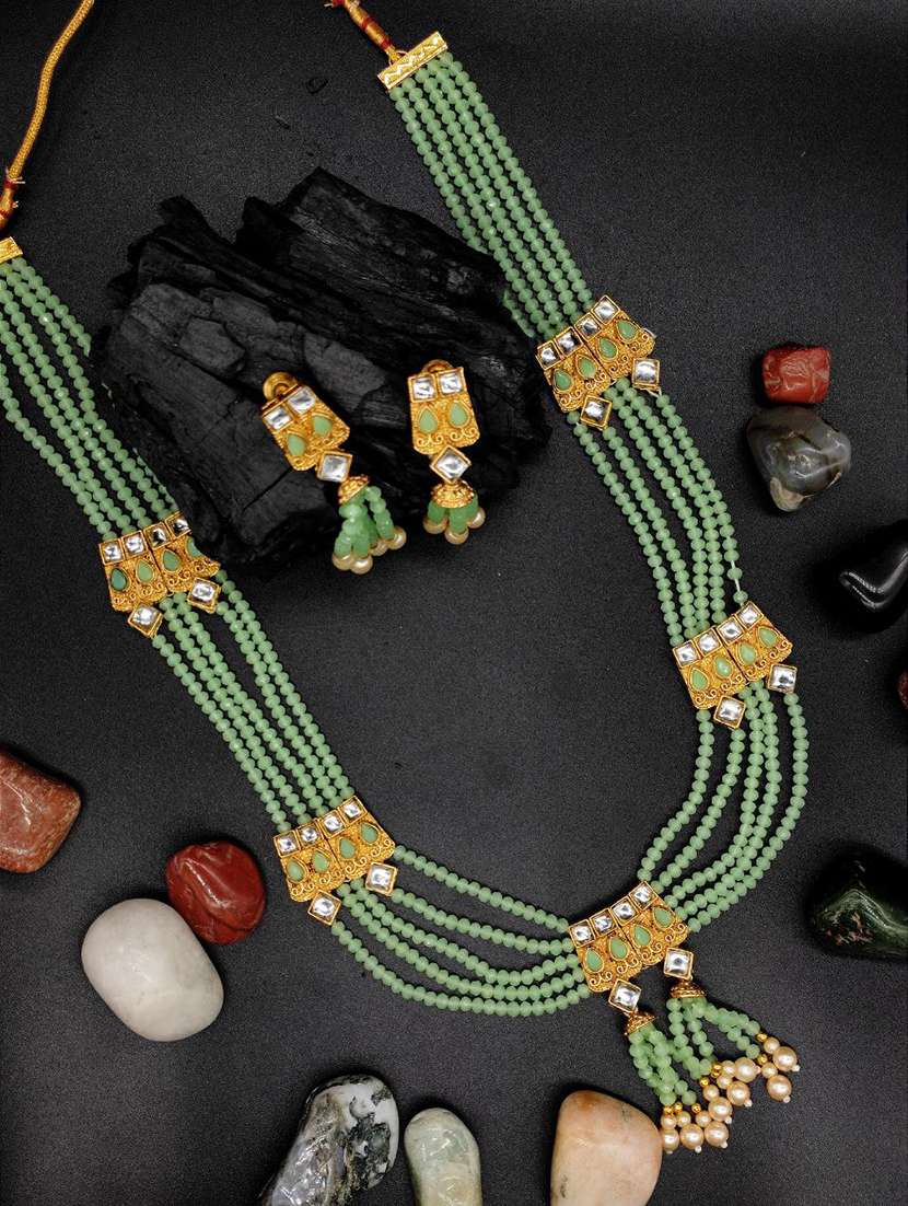  green multistring beaded bridal necklace earring set 