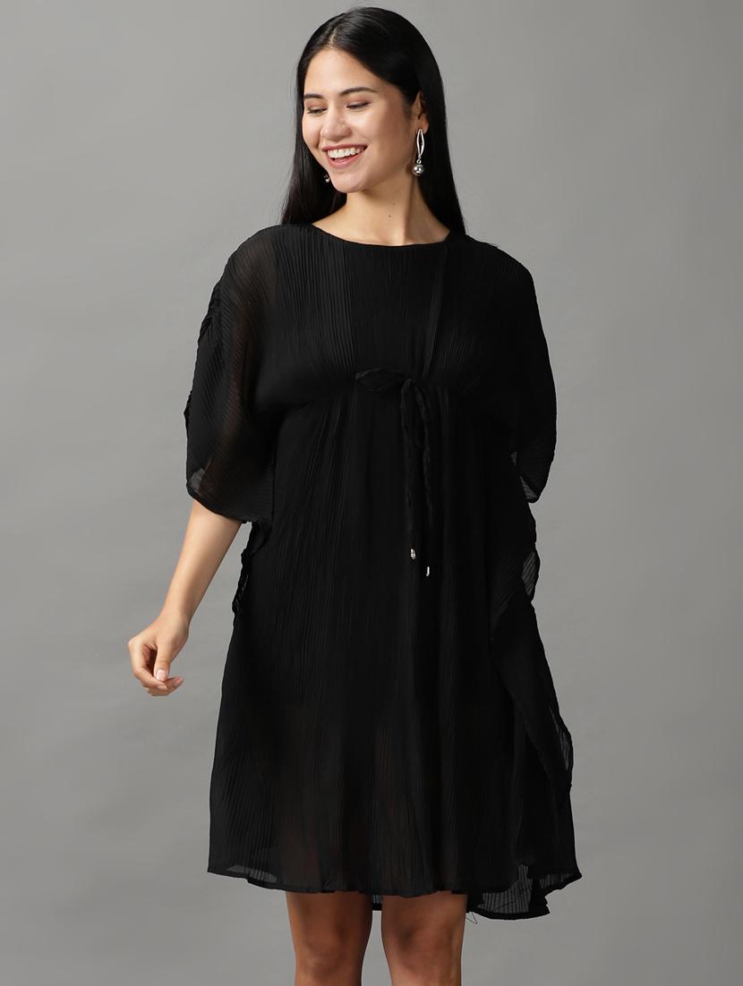 black solid fit & flare dress - 18659138 - Zoom Image - 0