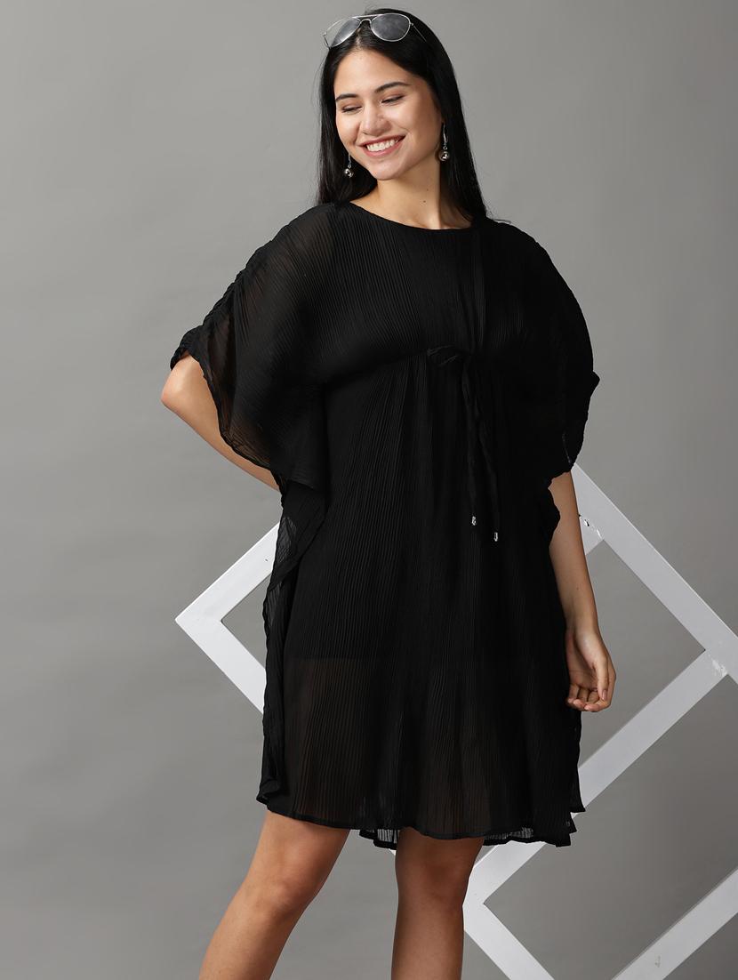 black solid fit & flare dress - 18659138 -  Standard Image - 1
