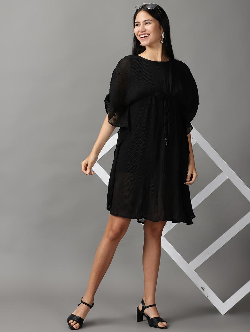 black solid fit & flare dress - 18659138 - Standard Image - 4