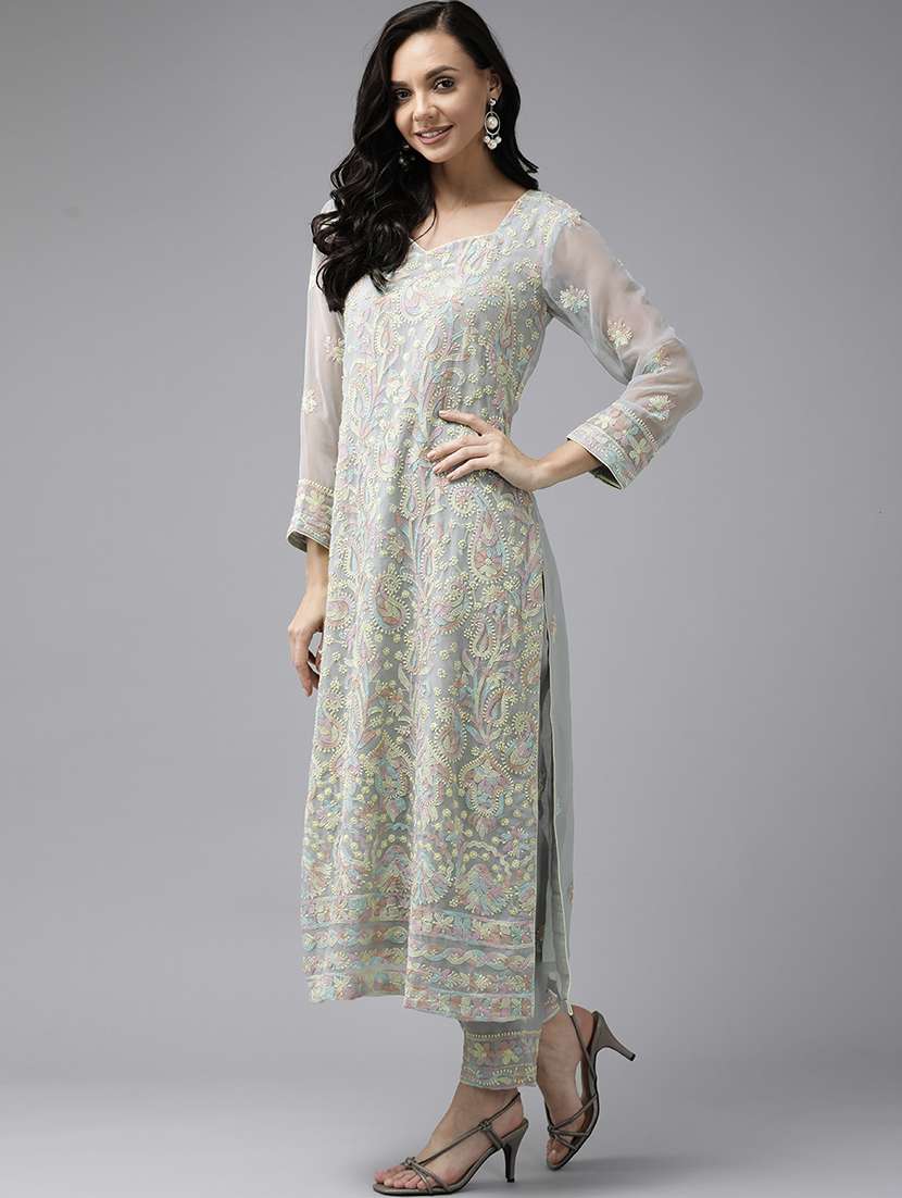 ada hand-embroidered grey chikankari unstitched straight pant suit set  - 18679723 -  Standard Image - 1