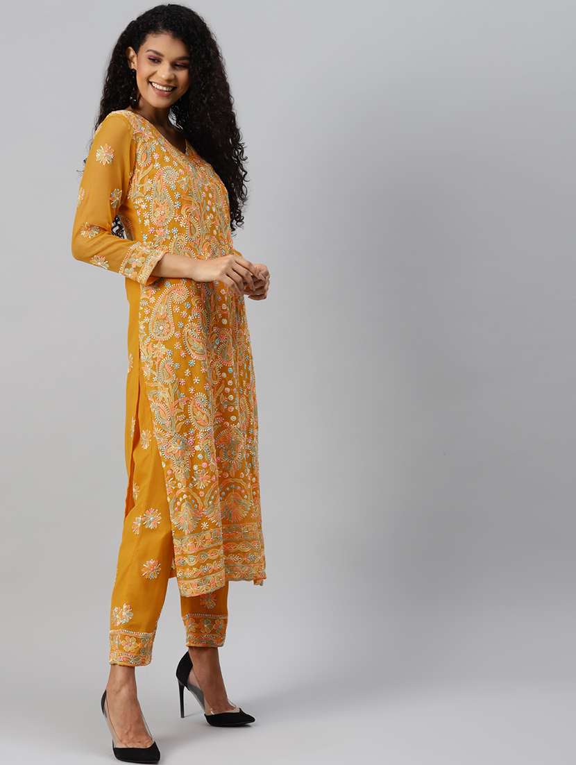 ada hand-embroidered mustard chikankari unstitched straight pant suit set - 18679725 - Standard Image - 1