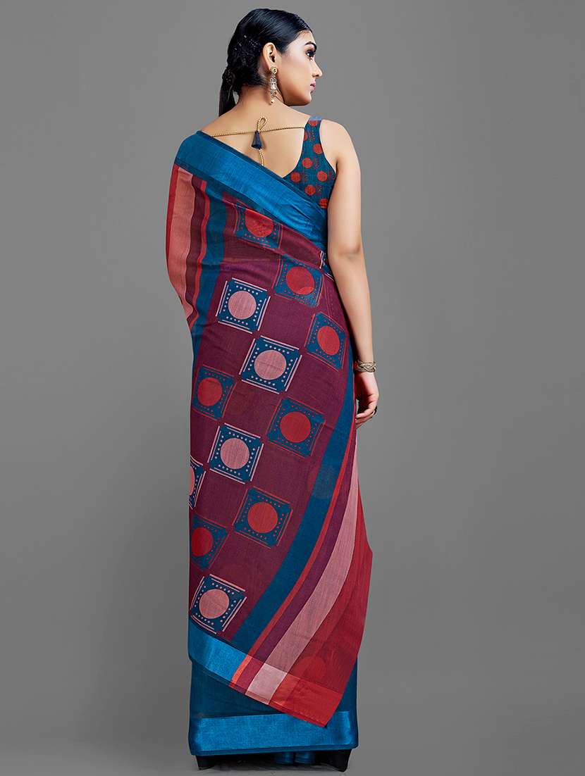 navy cotton blend printed saree with blouse - 18682021 -  Standard Image - 1