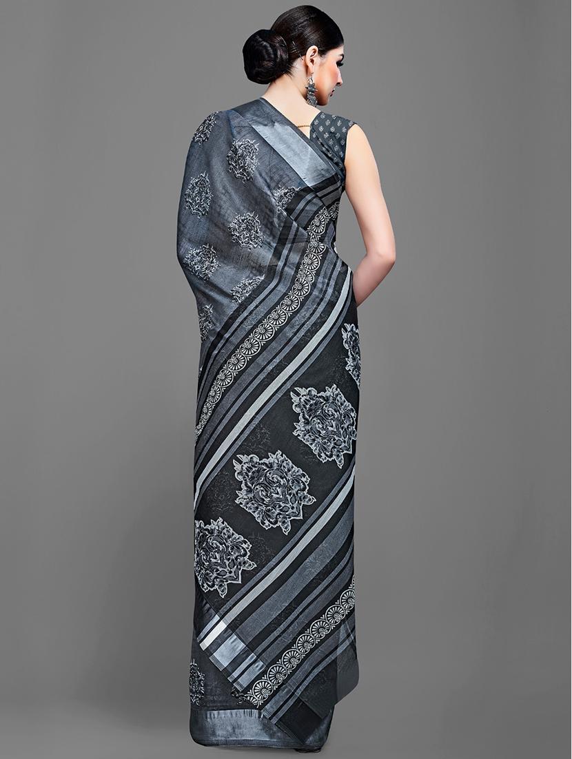 grey cotton blend printed saree with blouse - 18682031 - Standard Image - 1