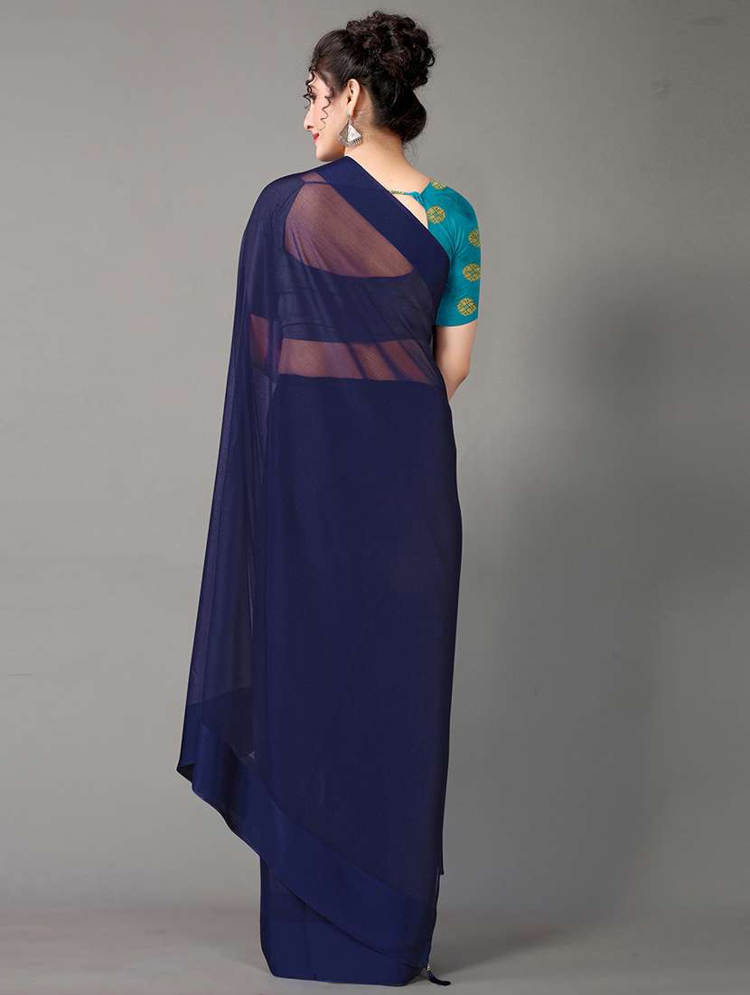 women's solid navy blue colored saree with blouse - 18682772 -  Standard Image - 1