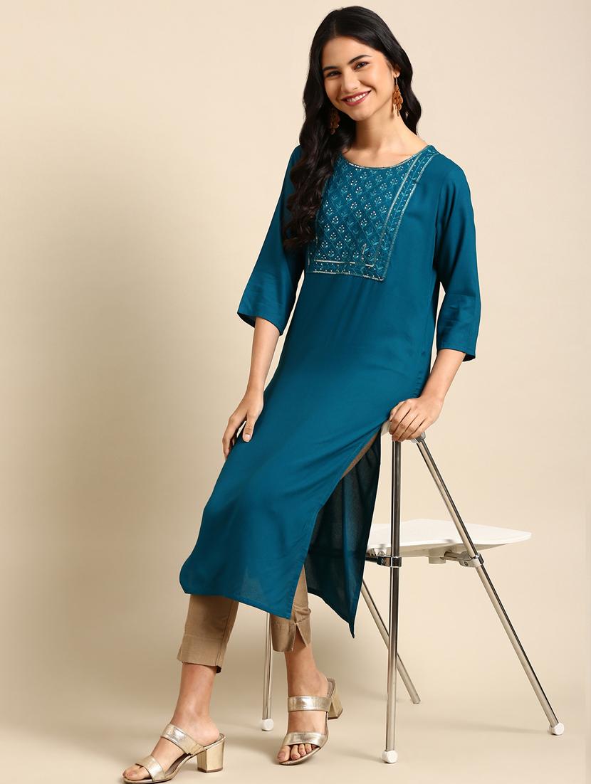 teal viscose straight kurta - 18682941 - Standard Image - 1