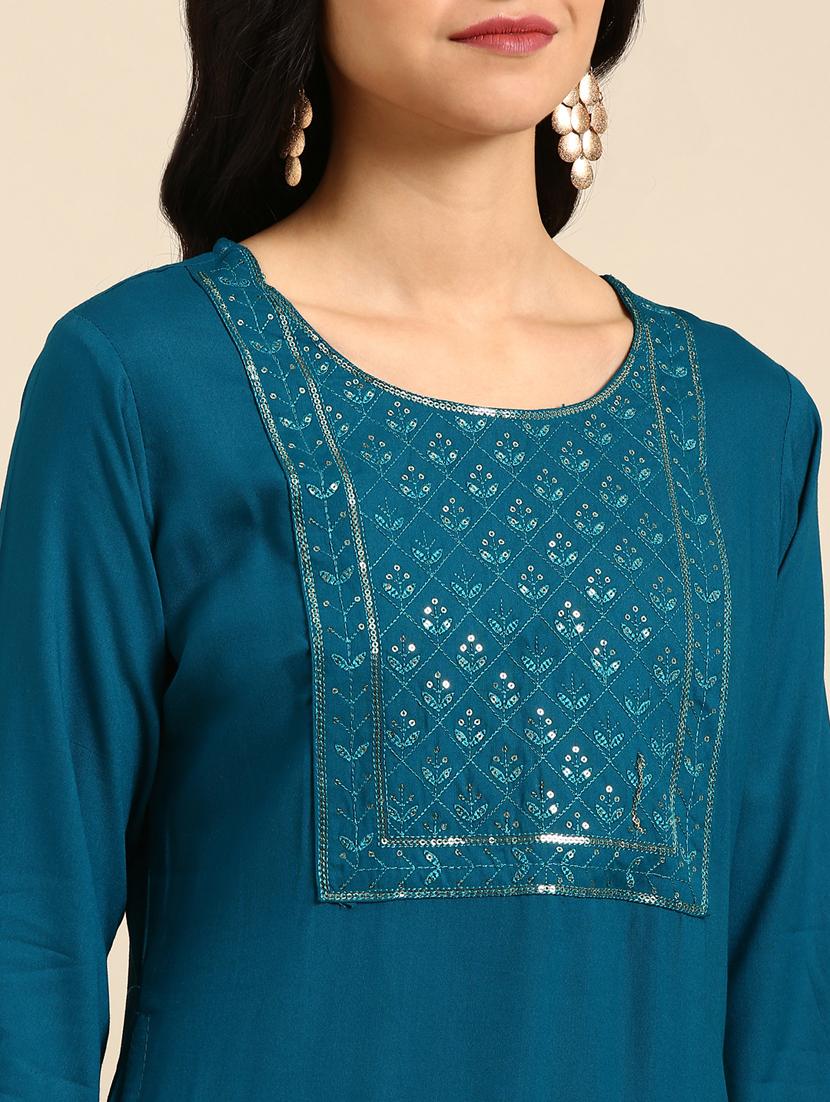 teal viscose straight kurta - 18682941 - Standard Image - 4