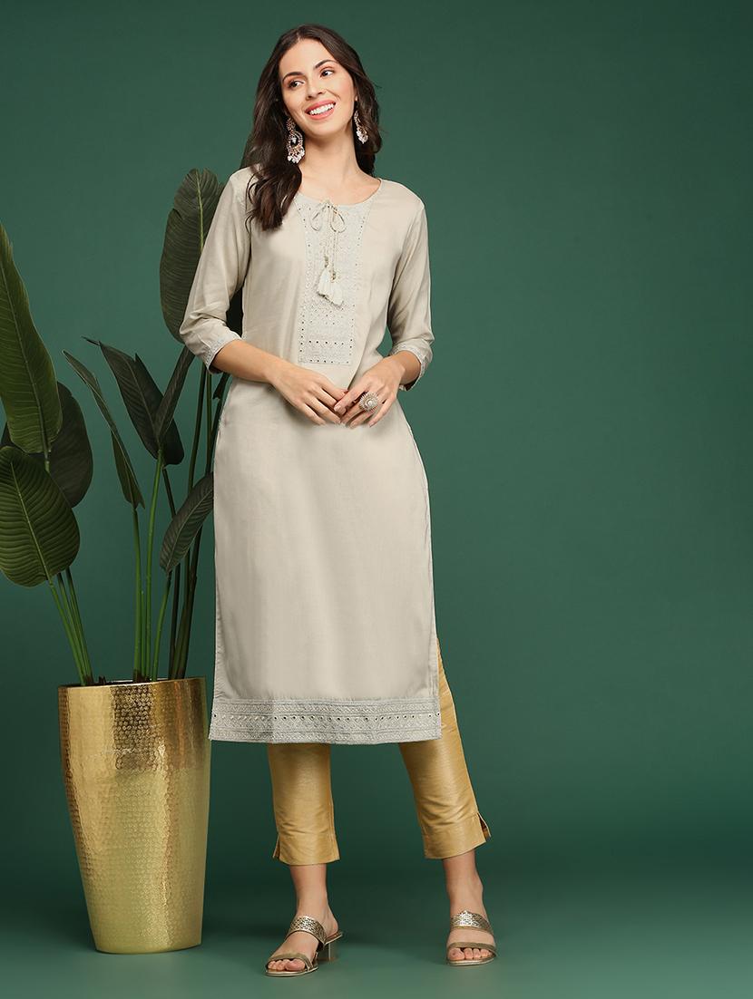 cream art silk straight kurta - 18683021 - Standard Image - 1