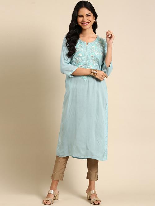 blue chanderi straight kurta - 18683043 -  Standard Image - 0