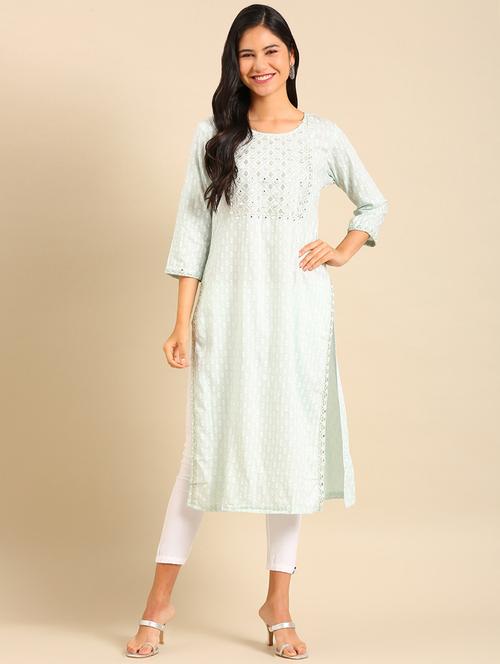 green cotton straight kurta - 18683149 -  Standard Image - 0