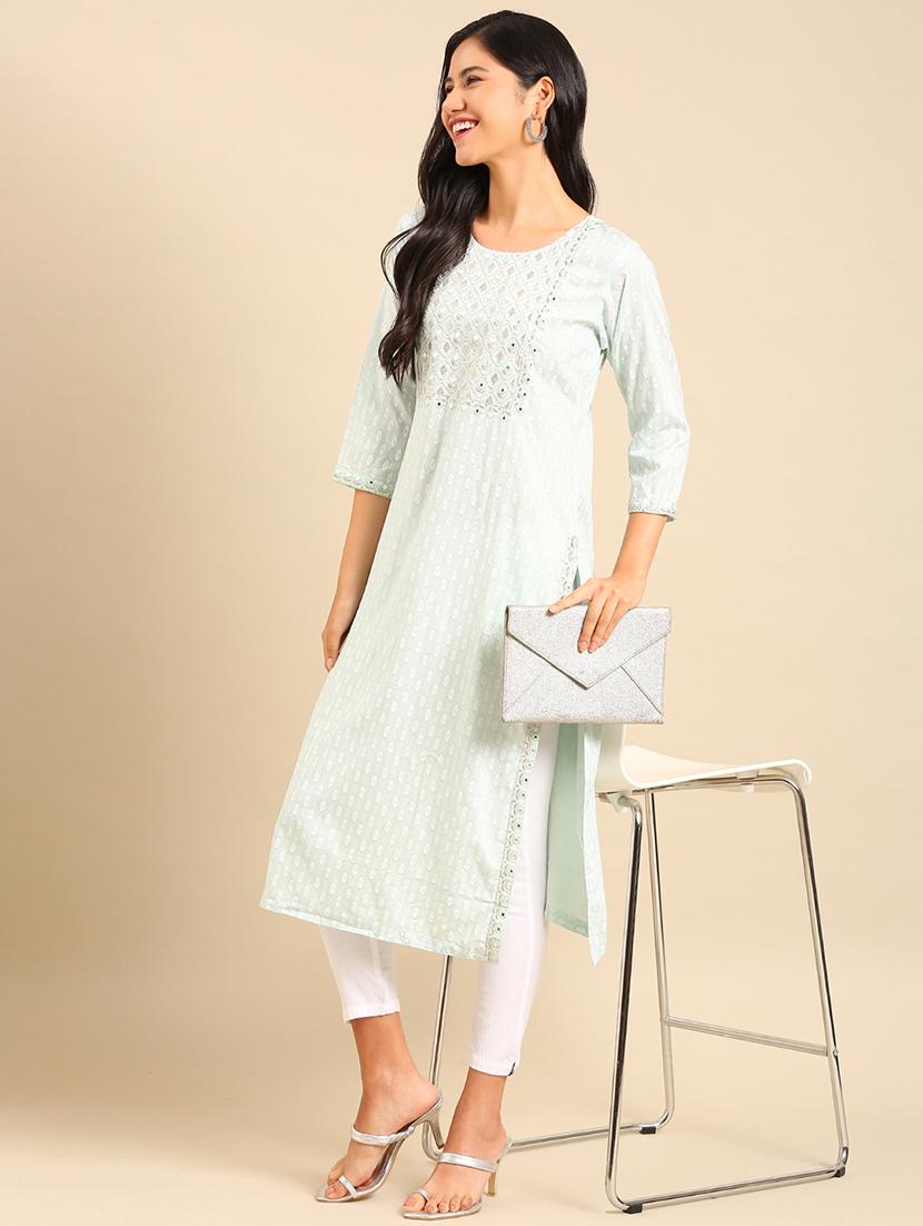 green cotton straight kurta - 18683149 -  Standard Image - 1