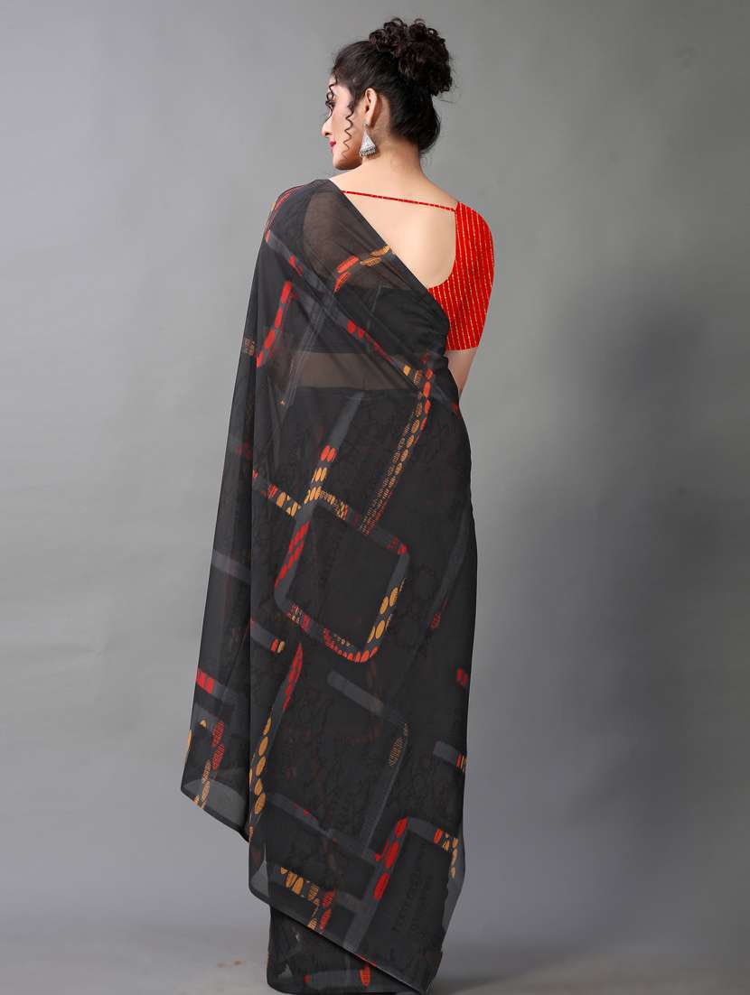 black georgette printed saree with blouse - 18683198 -  Standard Image - 1
